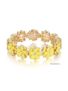 Enamel Flower Bracelet for Women, Gold-Tone Adjustable Stretch Wedding Party